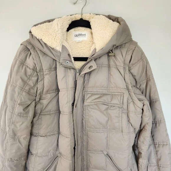UpWest M Convertible Sherpa-Lined Parka Jacket Sage Green Ash Long Vest Hooded - Picture 3 of 11